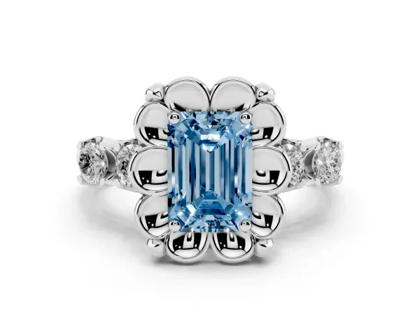 Fancy Blue Emerald Cut Cut Diamond Floral Halo Engagement Ring with Shared Prong Setting Platinum