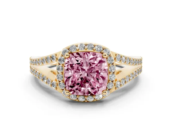 Fancy Pink Cushion Cut Halo Split Shank Pave Diamond Ring with Four-Prong Setting Yellow gold