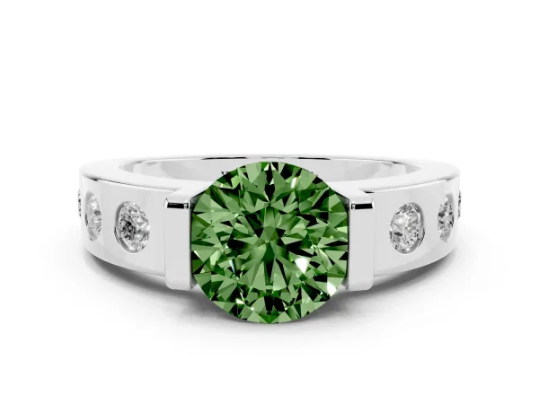 Fancy Green Round Cut Brilliant Channel-Set Diamond Ring with Bezel Prong Setting Platinum