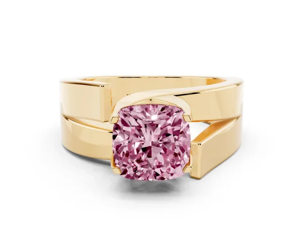 Fancy Pink Modern Tension Set Cushion Cut Diamond Solitaire Wide Band Ring Yellow gold