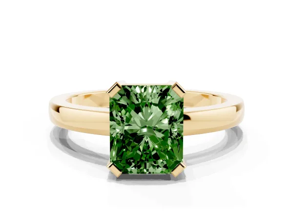 Fancy Green Radiant Cut Cut Solitaire Ring with Four-Prong Setting and Classic Band Yellow gold