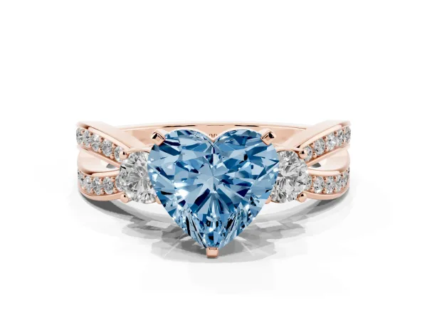 Fancy Blue Three-Stone Heart Cut Cut Diamond Twist Band with Prong Setting Rose gold