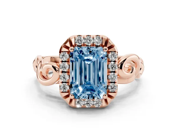 Fancy Blue Emerald Cut Cut Halo Diamond Ring with Scrollwork Band and Four-Prong Setting Rose gold