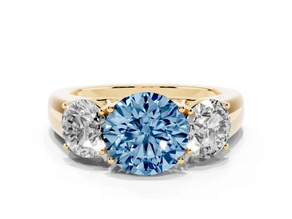 Fancy Blue Three-Stone Round Cut Cut Diamond Ring with Prong Setting and Classic Band Yellow gold