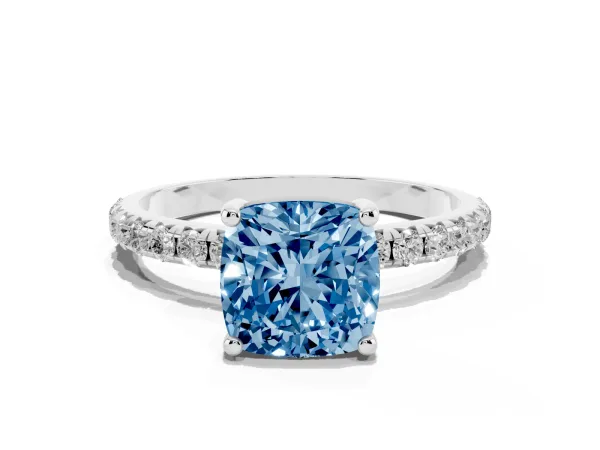 Fancy Blue Cushion Cut Cut Diamond Solitaire Ring with Micro Pave Band and Four Prong Setting Platinum