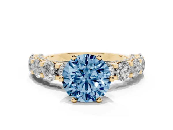 Fancy Blue Round Cut Diamond Side Stone Engagement Ring with Four-Prong Setting Yellow gold