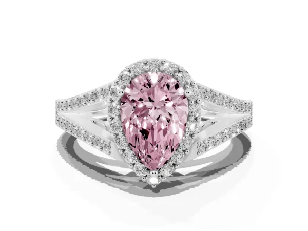 Fancy Pink Pear Cut Halo Split Shank Pave Diamond Ring with Four-Prong Setting Platinum