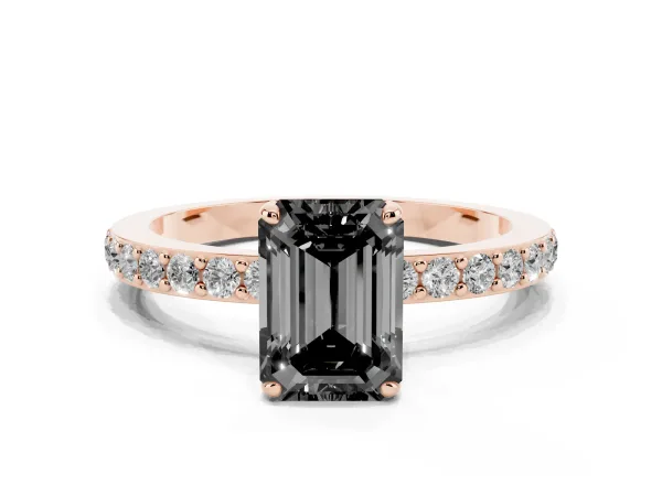Fancy Black Emerald Cut Diamond Solitaire Engagement Ring with Pavé Band and Four-Prong Setting Rose gold