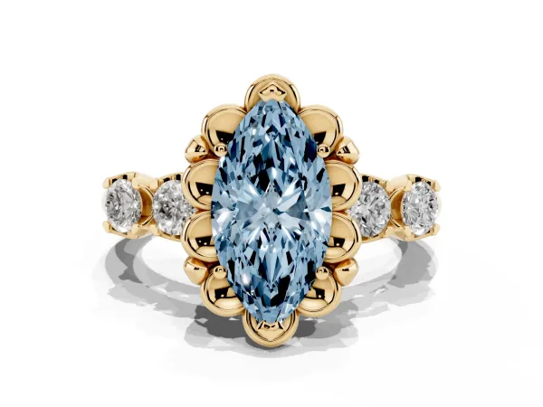 Fancy Blue Marquise Cut Cut Diamond Floral Halo Engagement Ring with Shared Prong Setting Yellow gold