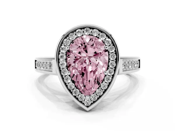 Fancy Pink Pear Cut Halo Solitaire Diamond Ring with Pave Band and Bezel Setting White gold