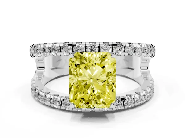 Fancy Yellow Radiant Cut Solitaire Split Shank Pave Diamond Ring Platinum
