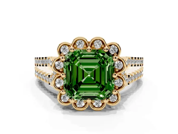 Fancy Green Asscher Cut Halo Diamond Floral Split Shank Engagement Ring Yellow gold