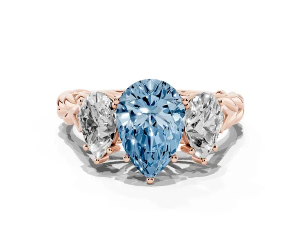 Fancy Blue Three-Stone Pear Cut Diamond Braided Band Ring with Four-Prong Setting Rose gold
