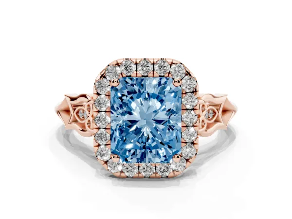 Fancy Blue Radiant Cut Halo Diamond Engagement Ring with Filigree Band and Four-Prong Setting Rose gold