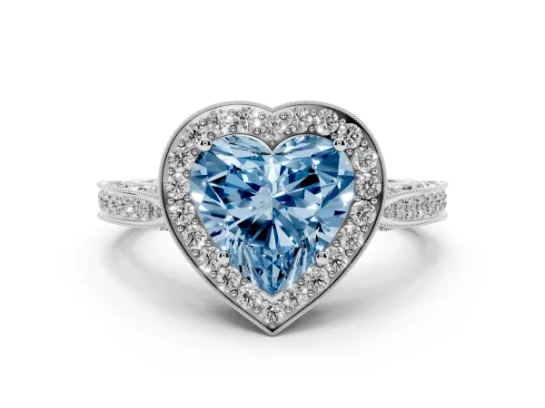 Fancy Blue Heart Cut Halo Diamond Engagement Ring with Split Shank Band and Four-Prong Setting Platinum