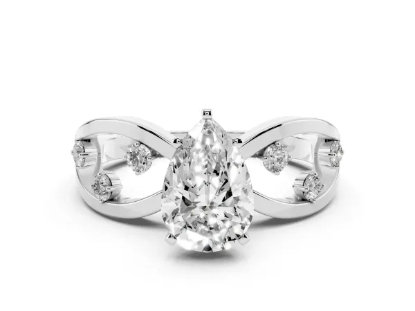 Pear Cut Cut Solitaire Diamond with Side Stones on Criss-Cross Band and Four-Prong Setting Platinum