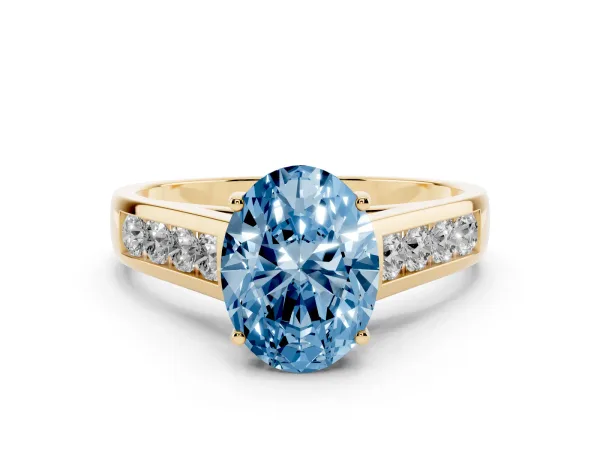 Fancy Blue Oval Cut Solitaire Channel-Set Diamond Engagement Ring with Four-Prong Setting Yellow gold