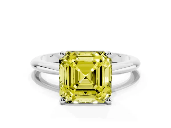 Fancy Yellow Asscher Cut Cut Solitaire Ring with Four-Prong Setting on a Classic Band Platinum