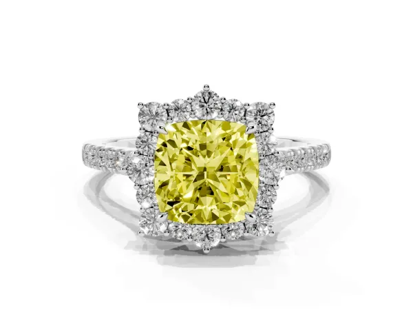 Fancy Yellow Cushion Cut Halo Diamond Ring with Pavé Band and Prong Setting White gold
