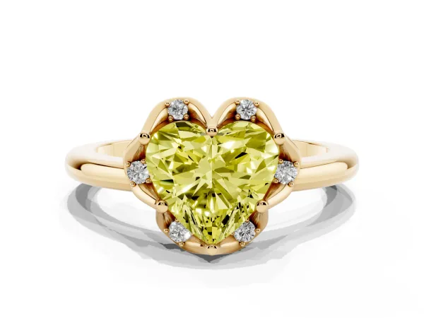 Fancy Yellow Heart Cut Halo Diamond Ring with Round Cluster Setting, Solitaire Band, and Four-Prong Setting Yellow gold