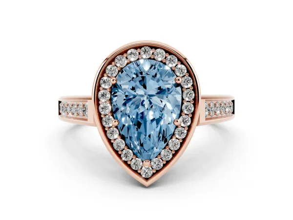 Fancy Blue Pear Cut Halo Solitaire Diamond Ring with Pave Band and Bezel Setting Rose gold
