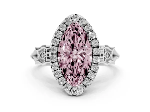 Fancy Pink Marquise Cut Halo Diamond Engagement Ring with Filigree Band and Four-Prong Setting Platinum