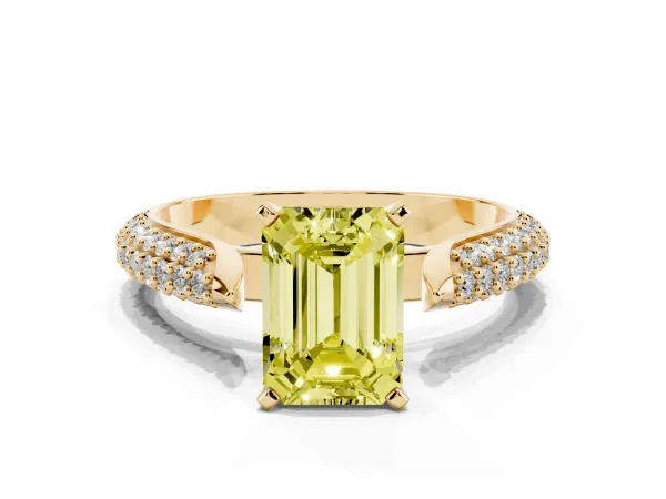 Fancy Yellow Emerald Cut Diamond Solitaire Engagement Ring with Multi-Row Round Pavé Band and Prong Setting Yellow gold