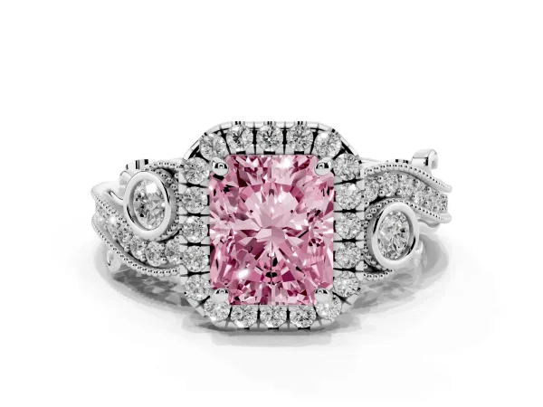 Fancy Pink Radiant Cut Diamond Halo Ring with Milgrain Pavé Band and Four-Prong Setting White gold