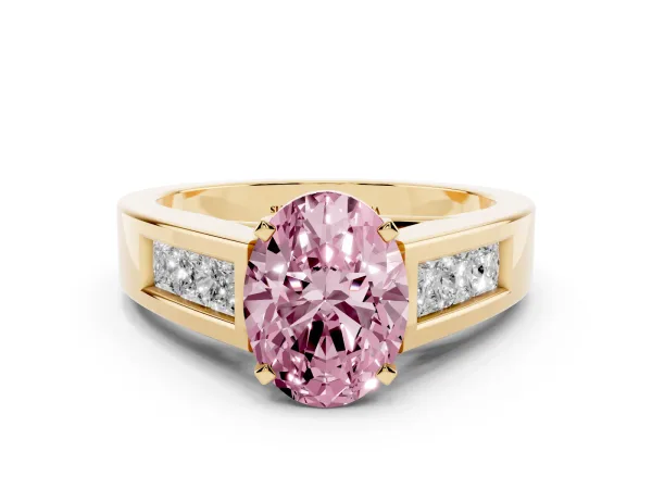 Fancy Pink Oval Cut Cut Channel Set Solitaire Ring with Four-Prong Setting Yellow gold