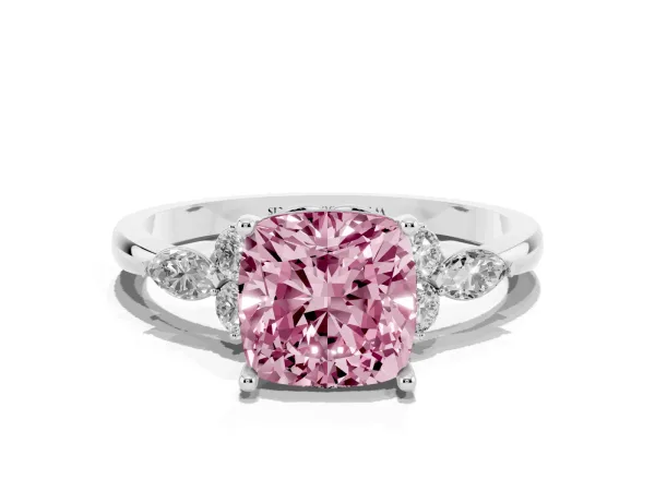 Fancy Pink Cushion Cut Brilliant Diamond Solitaire Ring with Pear Side Stones and Four-Prong Setting Platinum