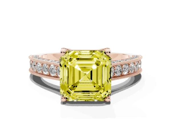 Fancy Yellow Asscher Cut Cut Diamond Solitaire Ring with Milgrain Pave Band and Four Prong Setting Rose gold