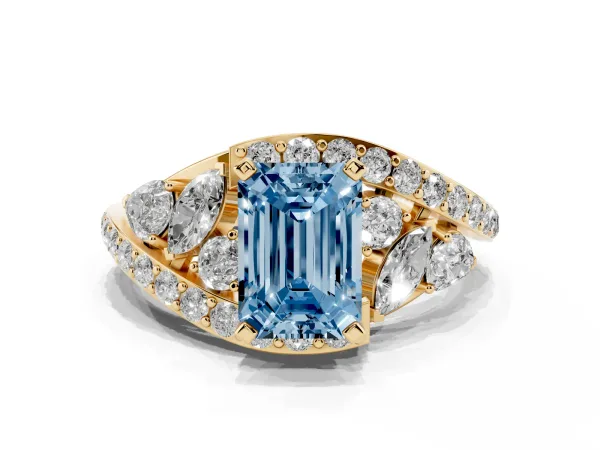 Fancy Blue Emerald Cut Diamond Halo Ring with Marquise and Pavé Band in Prong Setting Yellow gold