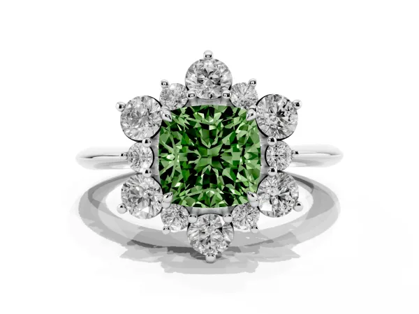Fancy Green Cushion Cut Diamond Cluster Halo Ring with Solitaire Band and Four-Prong Setting White gold