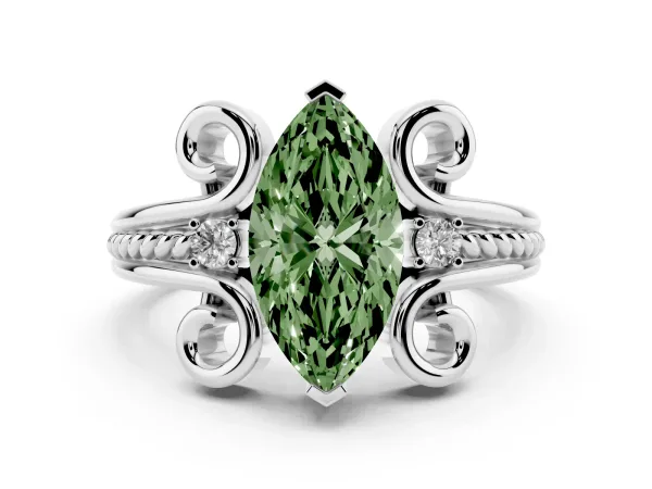 Fancy Green Marquise Cut Solitaire Twisted Band Scroll Prong Ring Platinum