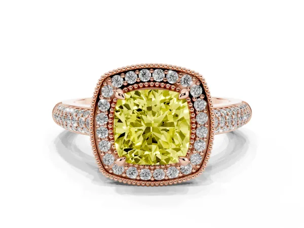 Fancy Yellow Cushion Cut Cut Halo Diamond Pave Band with Four-Prong Setting Rose gold