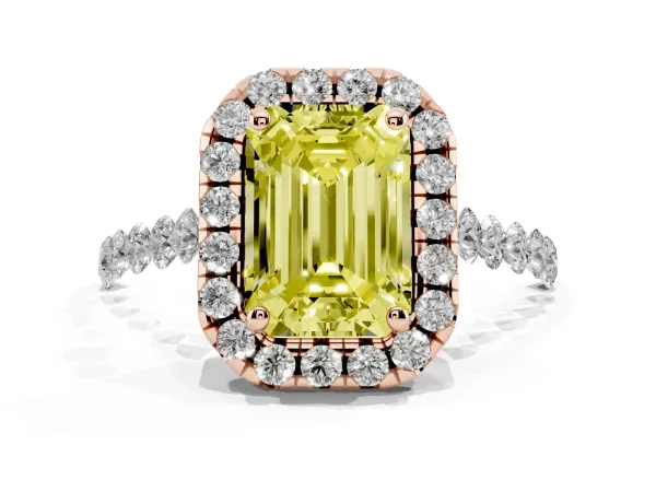 Fancy Yellow Emerald Cut Halo Pavé Diamond Engagement Ring with Four-Prong Setting Rose gold