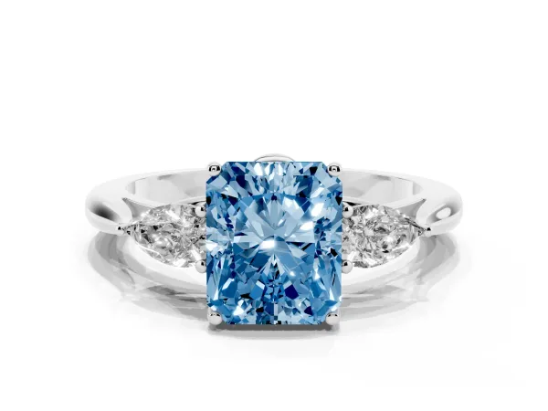 Fancy Blue Three-Stone Radiant Cut Brilliant Diamond Solitaire Ring with Tapered Band and Four-Prong Setting White gold
