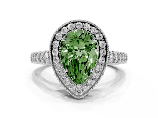 Fancy Green Pear Cut Halo Milgrain Solitaire with Bezel Set Side Stones and Pave Band Platinum
