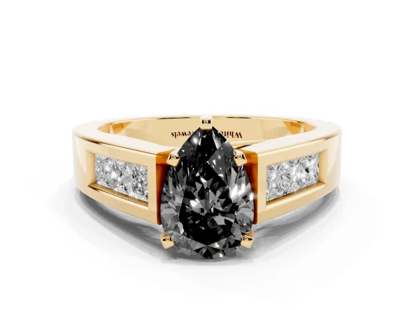 Fancy Black Pear Cut Cut Channel Set Solitaire Ring with Four-Prong Setting Yellow gold