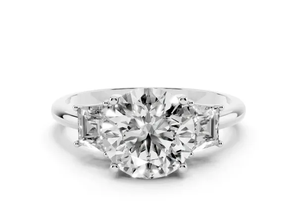 Round Cut Diamond Three-Stone Ring with Trapezoid Side Stones and Prong Setting Platinum