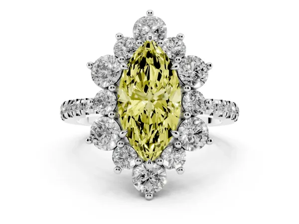 Fancy Yellow Marquise Cut Diamond Floral Halo Ring with Round Pavé Band and Prong Setting White gold