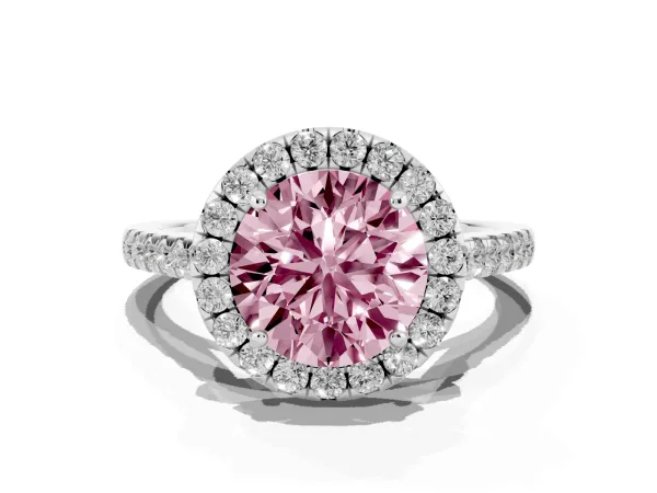 Fancy Pink Round Cut Halo Pave Diamond Engagement Ring with Four-Prong Setting White gold