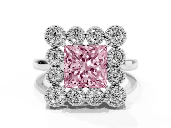 Fancy Pink Princess Cut Halo Diamond Cluster Engagement Ring with Milgrain Bezel Setting and Solitaire Band White gold