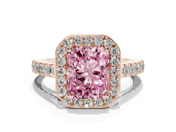 Fancy Pink Radiant Cut Diamond Halo Ring with Round Pavé Split Shank and Prong Setting Rose gold