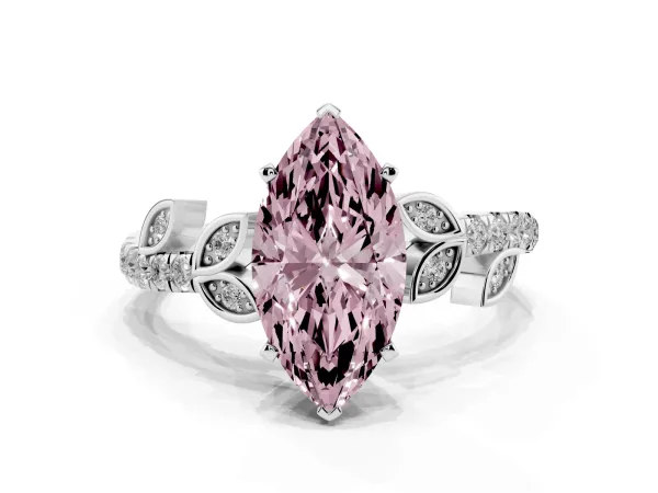 Fancy Pink Marquise Cut Solitaire Leaf-Inspired Diamond Ring with Pavé Band and Four-Prong Setting Platinum