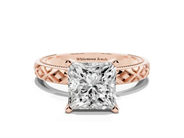 Princess Cut Solitaire Diamond Ring with Milgrain and Black Enamel X Pattern Band Rose gold