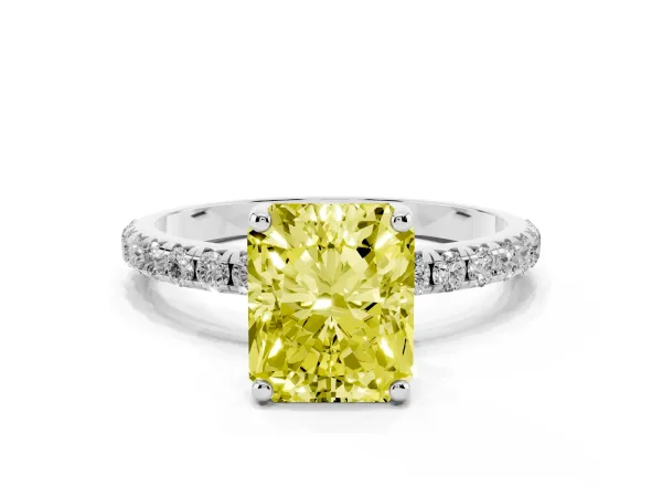 Fancy Yellow Radiant Cut Cut Diamond Solitaire Ring with Micro Pave Band and Four Prong Setting White gold