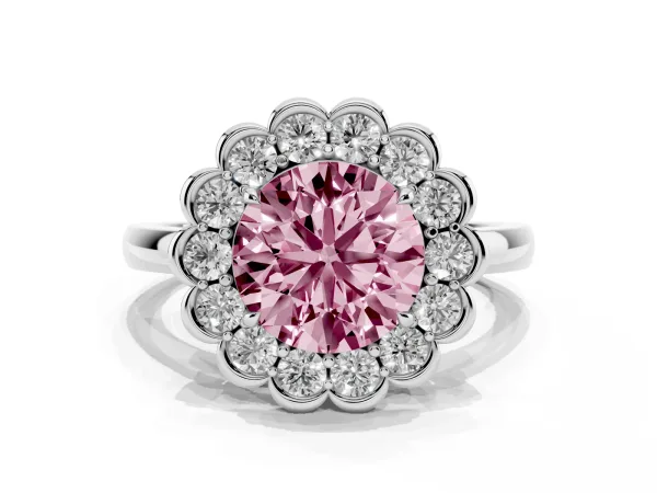 Fancy Pink Round Cut Halo Cluster Diamond Engagement Ring with Solitaire Band and Prong Setting Platinum