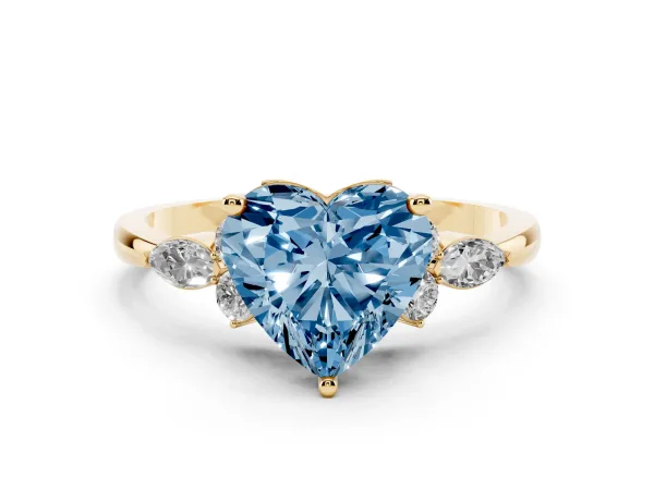 Fancy Blue Heart Cut Brilliant Diamond Solitaire Ring with Pear Side Stones and Four-Prong Setting Yellow gold