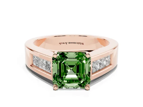 Fancy Green Asscher Cut Cut Channel Set Solitaire Ring with Four-Prong Setting Rose gold